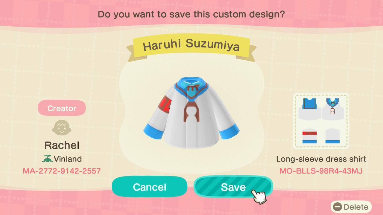 Animal Crossing Design Code: MO-BLLS-98R4-43MJ Haruhi Suzumiya