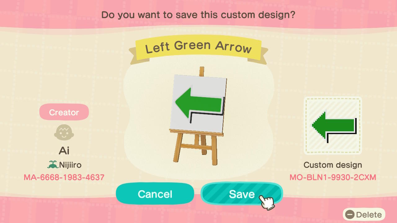 Animal Crossing Design Code: MO-BLN1-9930-2CXM Left Green Arrow