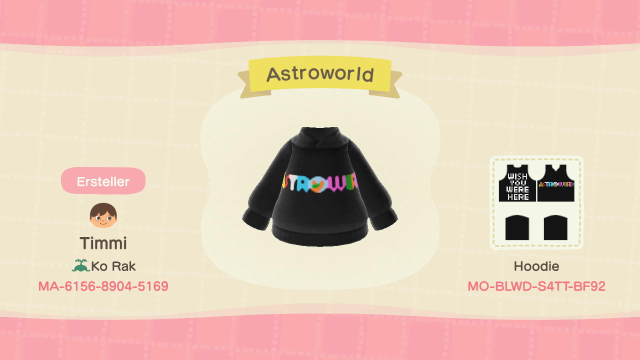 Animal Crossing Design Code: MO-BLWD-S4TT-BF92 Astroworld Hoodie