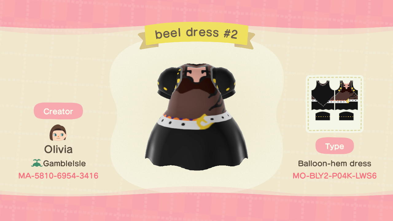 Animal Crossing Design Code: MO-BLY2-P04K-LWS6 Beel dress #2