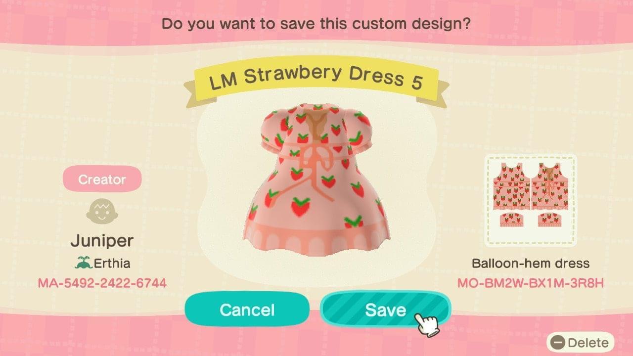 Animal Crossing Design Code: MO-BM2W-BX1M-3R8H LM Strawberry Dress