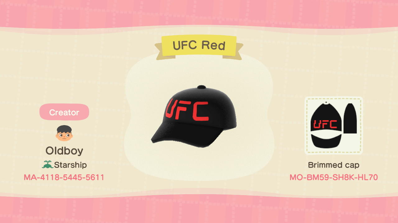 Animal Crossing Design Code: MO-BM59-SH8K-HL70 UFC Red cap