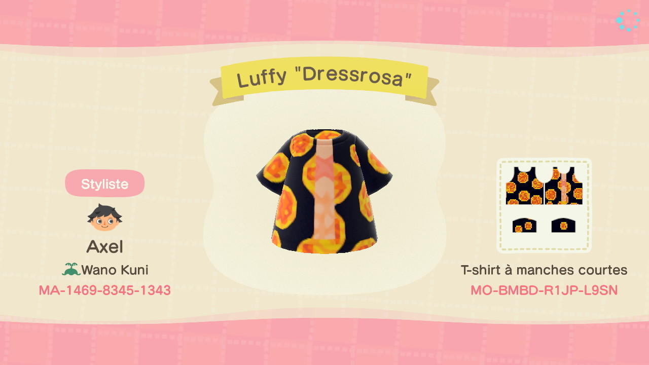 Animal Crossing Design Code: MO-BMBD-R1JP-L9SN Luffy "Dressrosa"