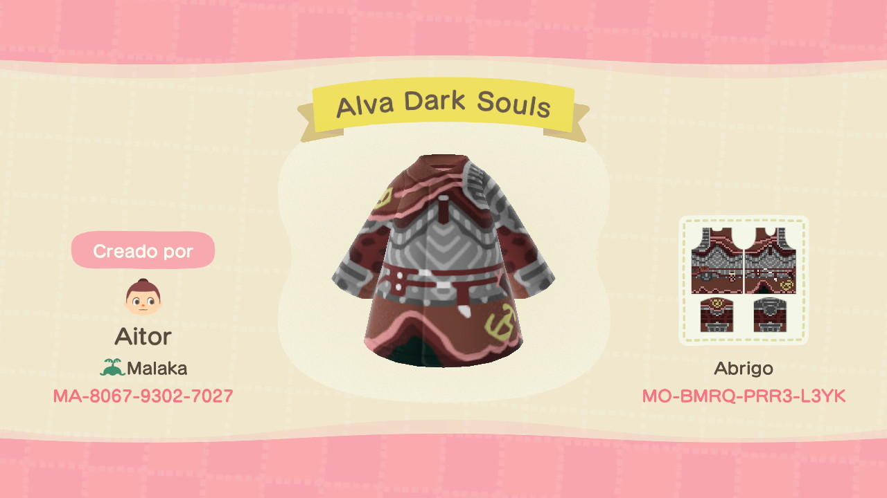 Animal Crossing Design Code: MO-BMRQ-PRR3-L3YK Alva Dark Souls