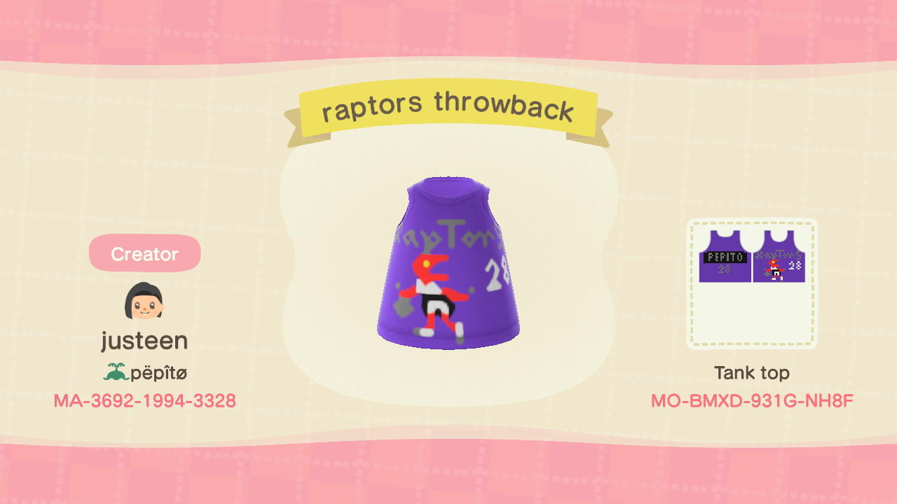 Animal Crossing Design Code: MO-BMXD-931G-NH8F raptors throwback