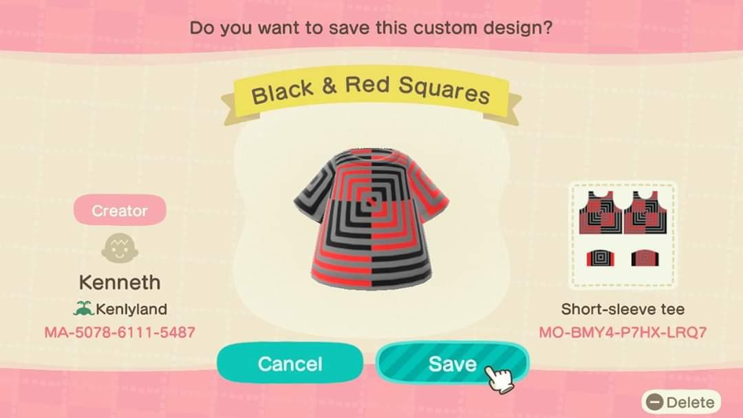 Animal Crossing Design Code: MO-BMY4-P7HX-LRQ7 Red & Black Squares