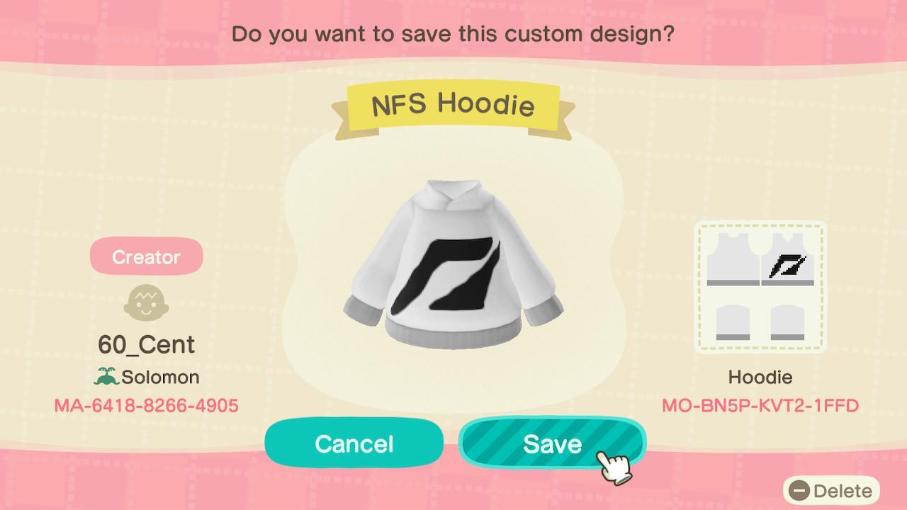 Animal Crossing Design Code: MO-BN5P-KVT2-1FFD NFS Hoodie