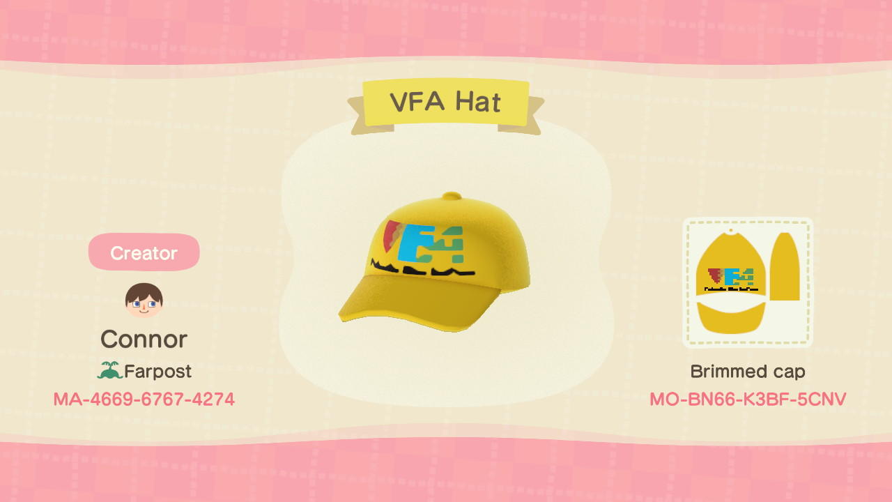 Animal Crossing Design Code: MO-BN66-K3BF-5CNV VFA Hat