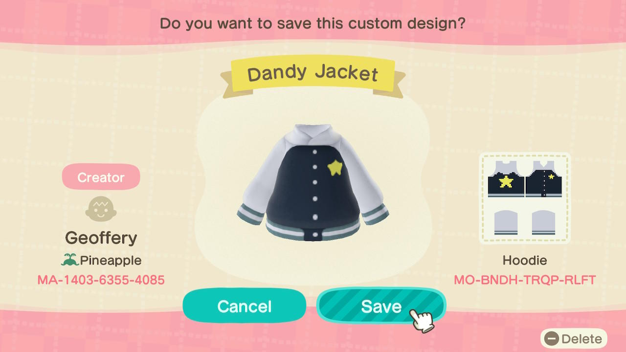 Animal Crossing Design Code: MO-BNDH-TRQP-RLFT Dandy Jacket