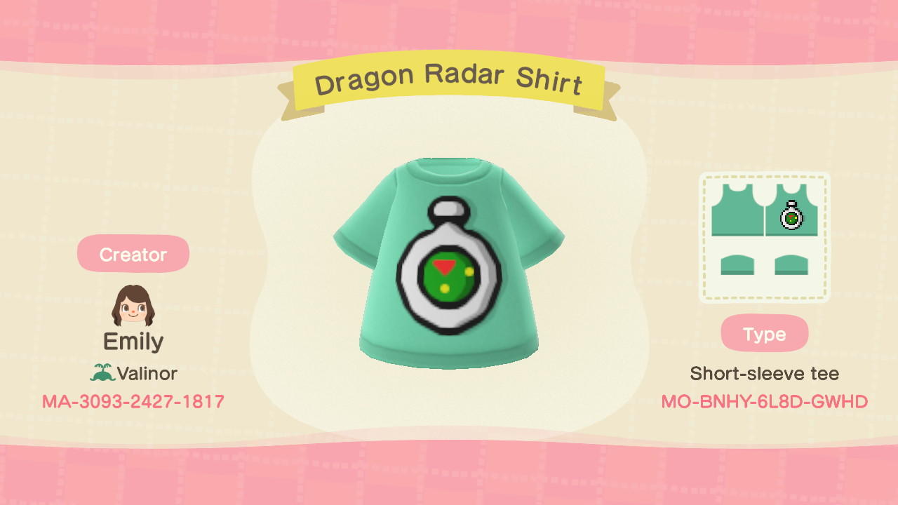 Animal Crossing Design Code: MO-BNHY-6L8D-GWHD Dragon Radar Shirt