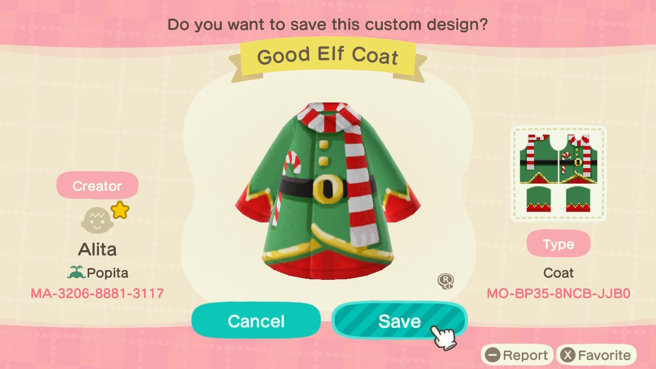 Animal Crossing Design Code: MO-BP35-8NCB-JJB0 Good Elf Coat