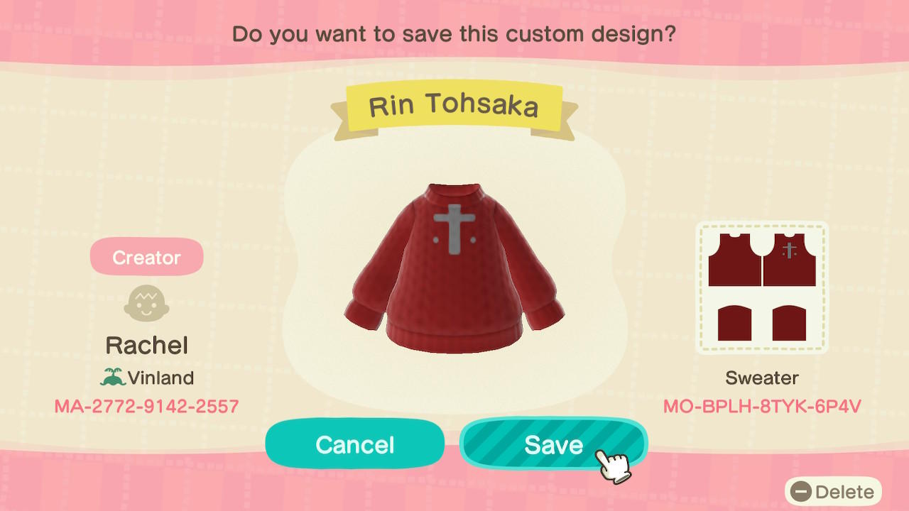 Animal Crossing Design Code: MO-BPLH-8TYK-6P4V Rin Tohsaka