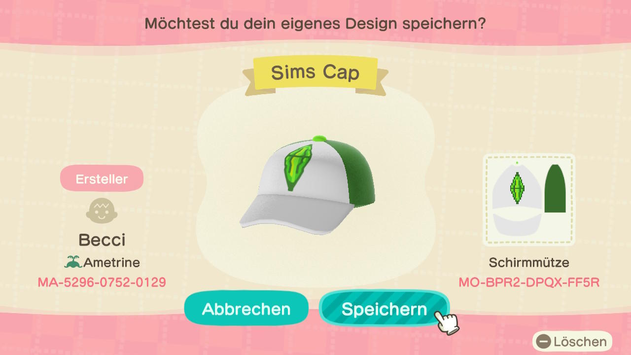 Animal Crossing Design Code: MO-BPR2-DPQX-FF5R Sims Plumbob Cap