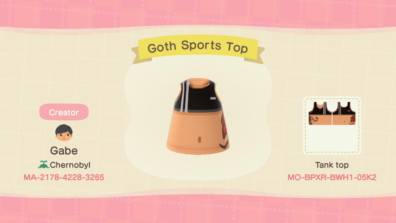 Animal Crossing Design Code: MO-BPXR-BWH1-05K2 Sports Top w/ Tattoo