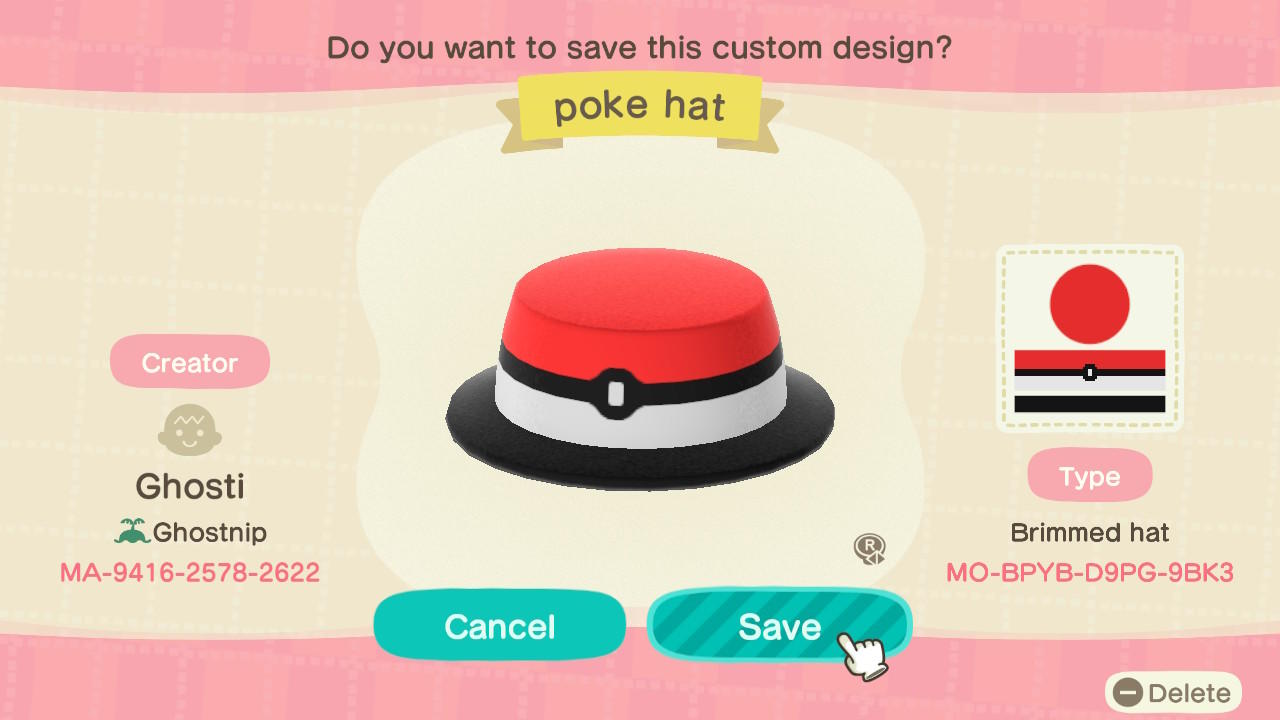 Animal Crossing Design Code: MO-BPYB-D9PG-9BK3 Poke Hat