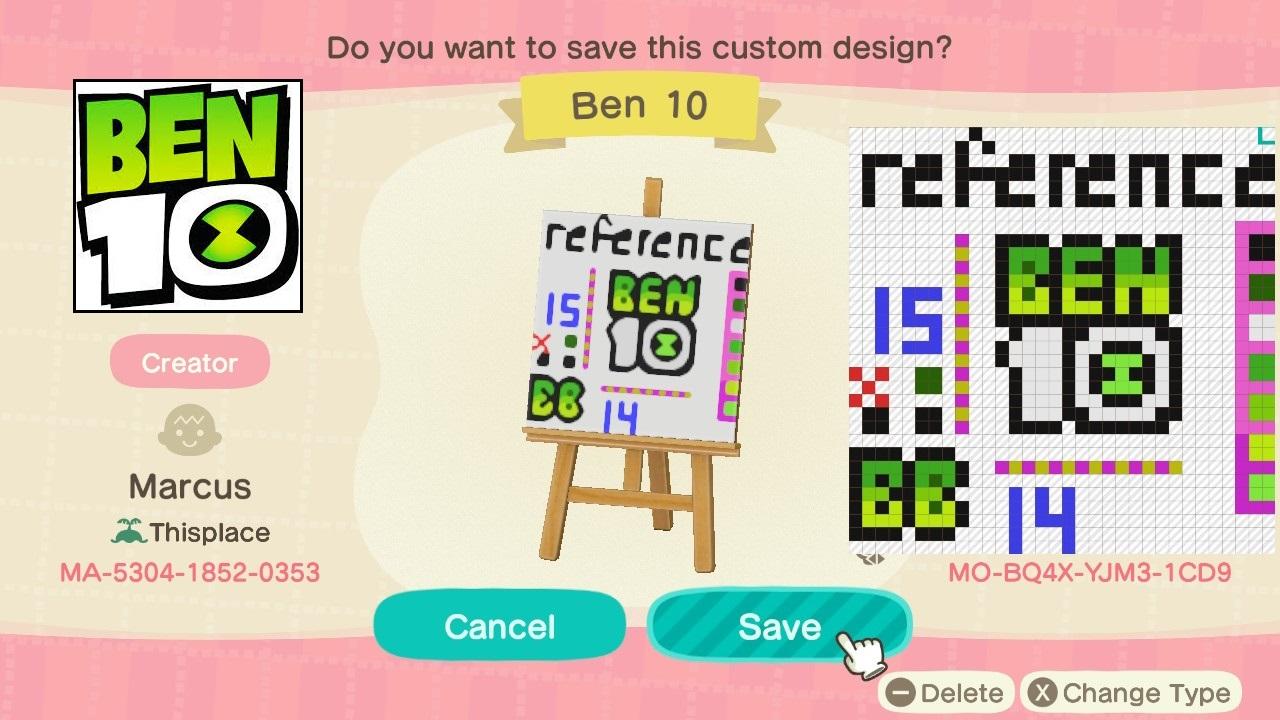 Animal Crossing Design Code: MO-BQ4X-YJM3-1CD9 Ben 10 Reference