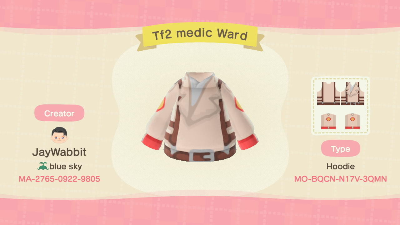 Animal Crossing Design Code: MO-BQCN-N17V-3QMN Tf2 Medic (red