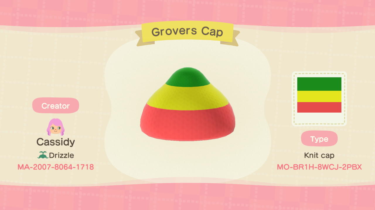 Animal Crossing Design Code: MO-BR1H-8WCJ-2PBX Grovers Cap