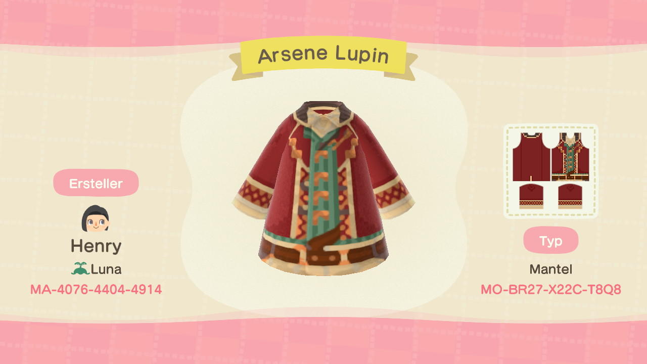 Animal Crossing Design Code: MO-BR27-X22C-T8Q8 Arsene Lupin