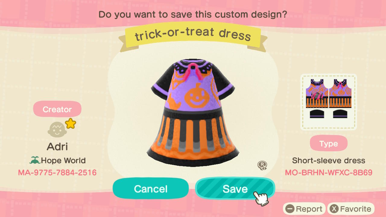 Animal Crossing Design Code: MO-BRHN-WFXC-8B69 Trick-Or-Treat Dress