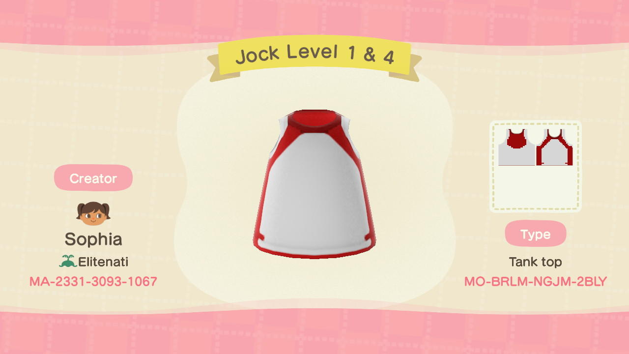 Animal Crossing Design Code: MO-BRLM-NGJM-2BLY Jock Level 1 & 4
