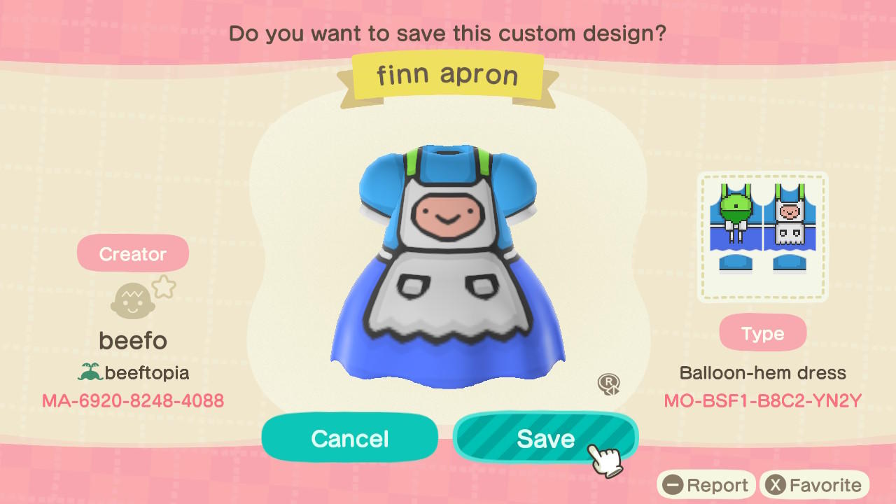 Animal Crossing Design Code: MO-BSF1-B8C2-YN2Y Finn Apron
