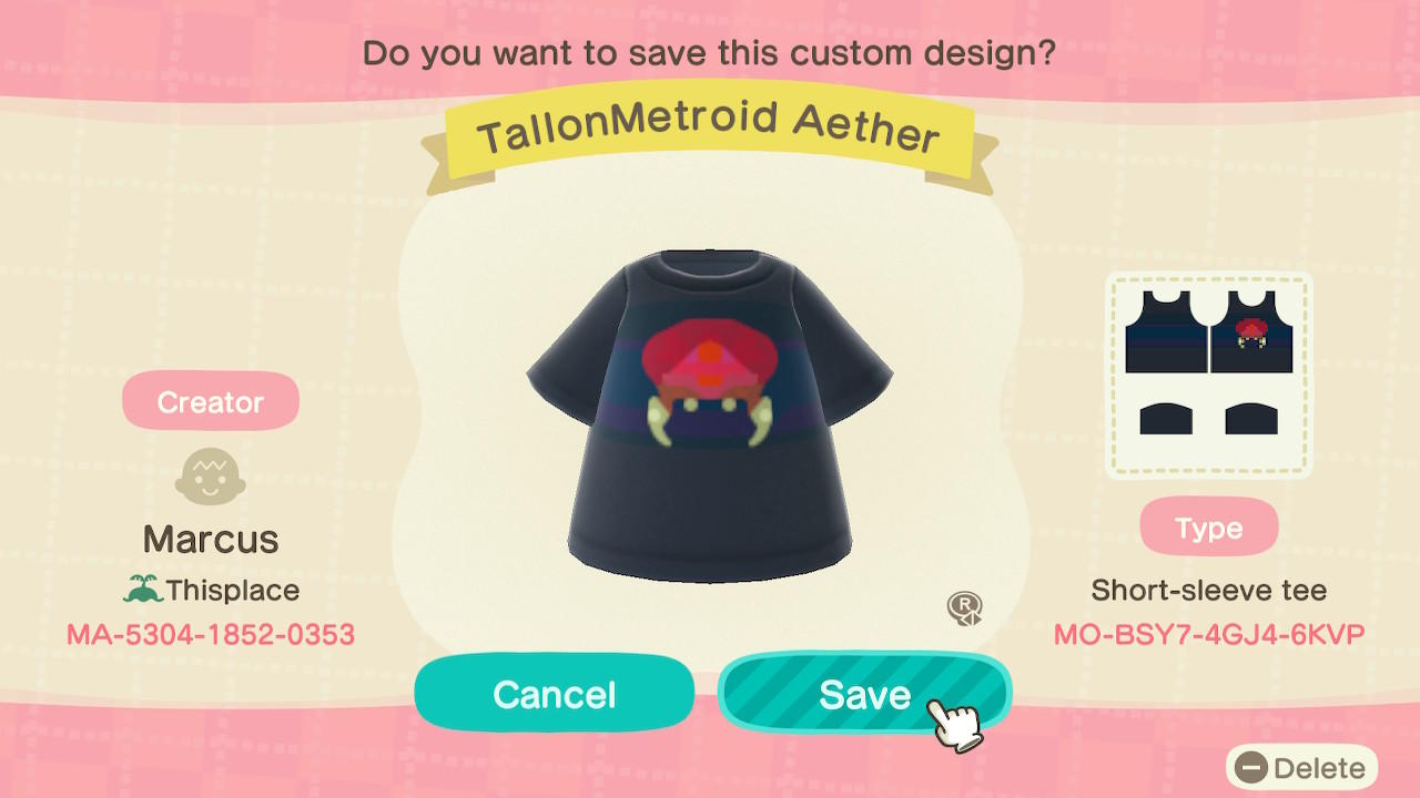 Animal Crossing Design Code: MO-BSY7-4GJ4-6KVP TallonMetroid Aether