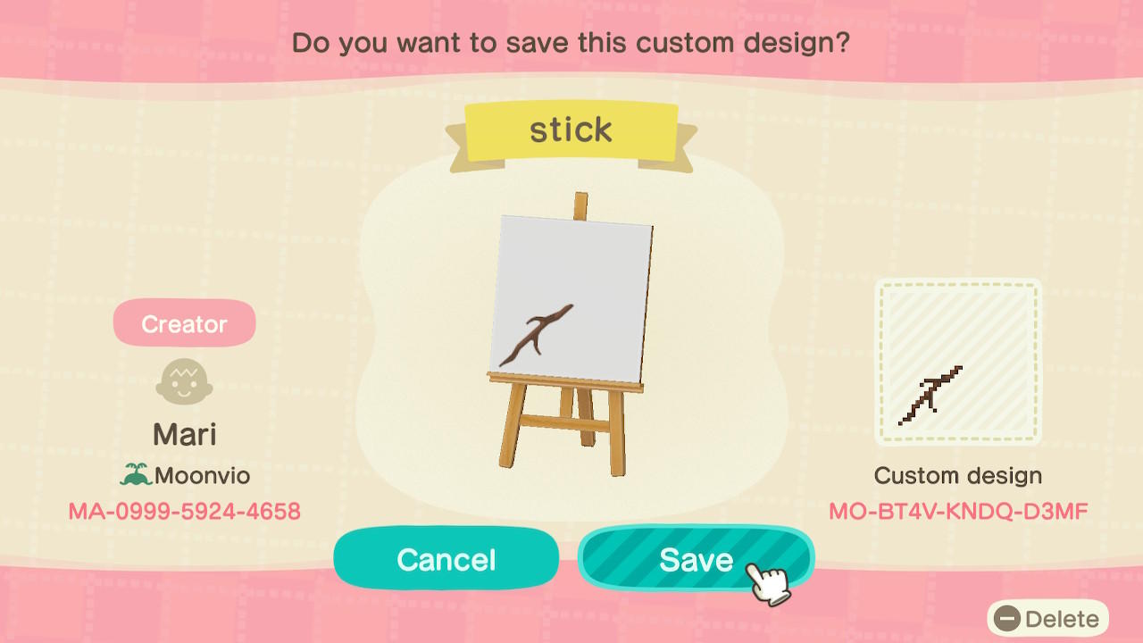Animal Crossing Design Code: MO-BT4V-KNDQ-D3MF stick
