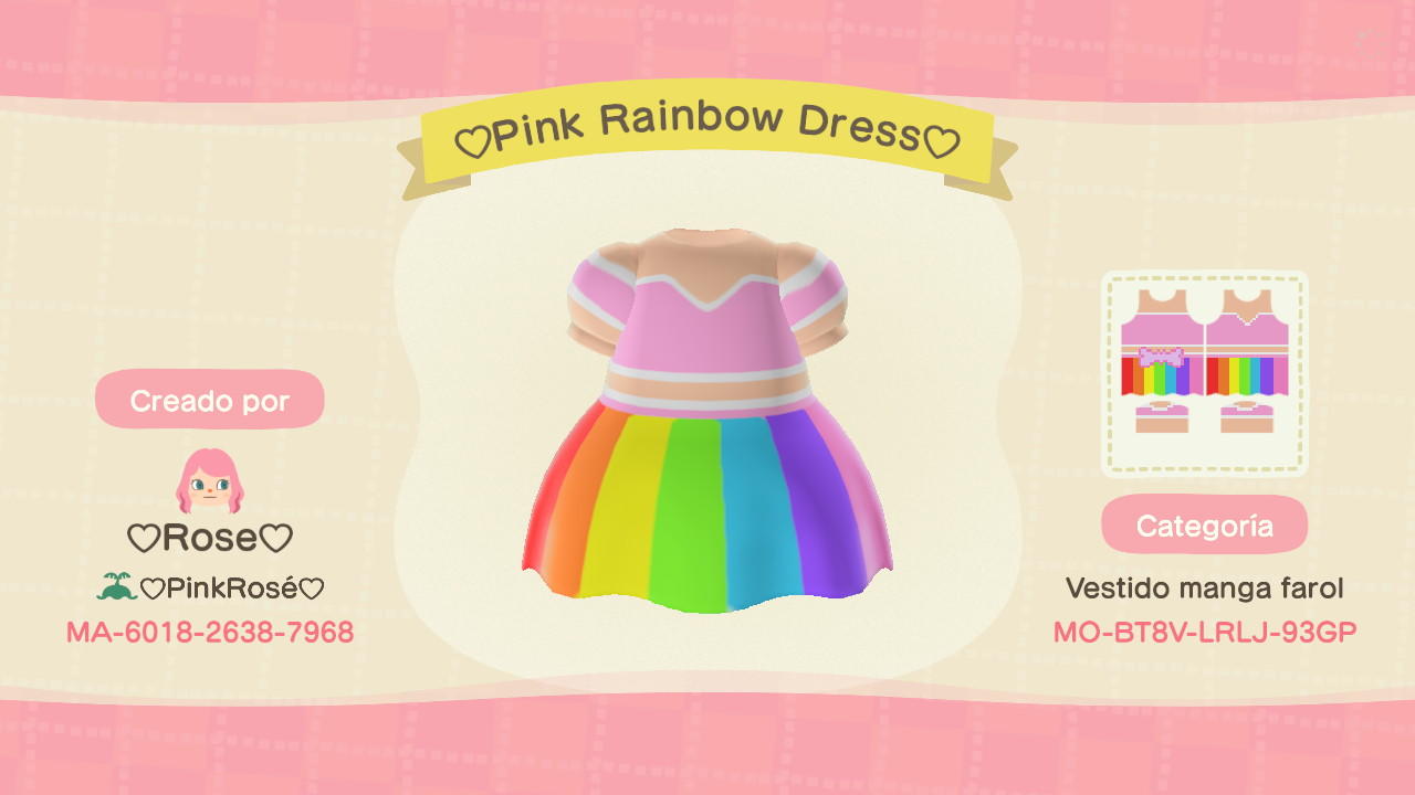 Animal Crossing Design Code: MO-BT8V-LRLJ-93GP Pink Rainbow Dress