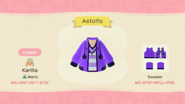 Animal Crossing Design Code: MO-BTBT-NPQJ-XR9L Astolfo