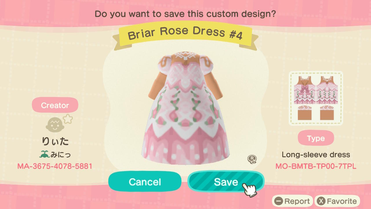 Animal Crossing Design Code: MO-BTMB-TP00-71PL Briar Rose Dress #4