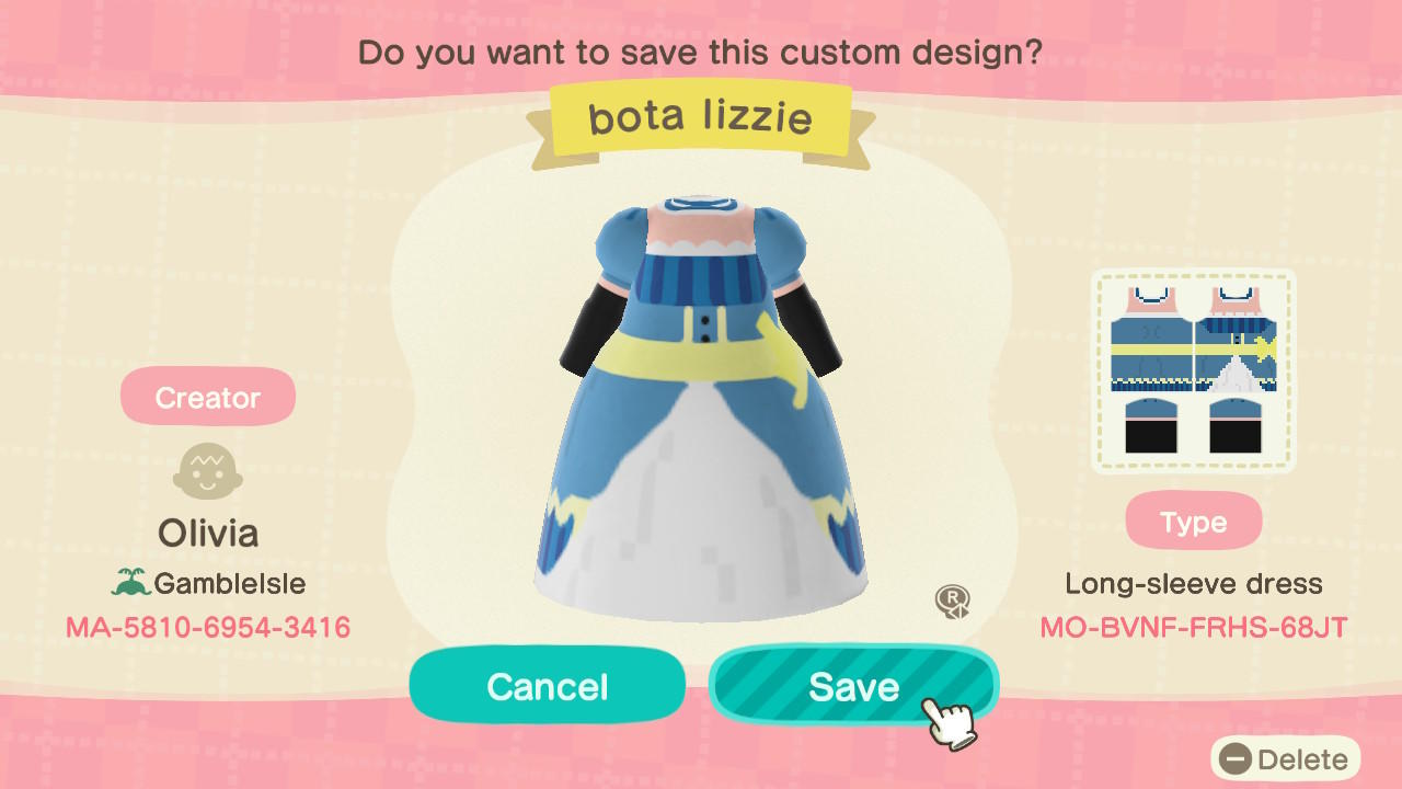 Animal Crossing Design Code: MO-BVNF-FRHS-68JT bota Lizzie
