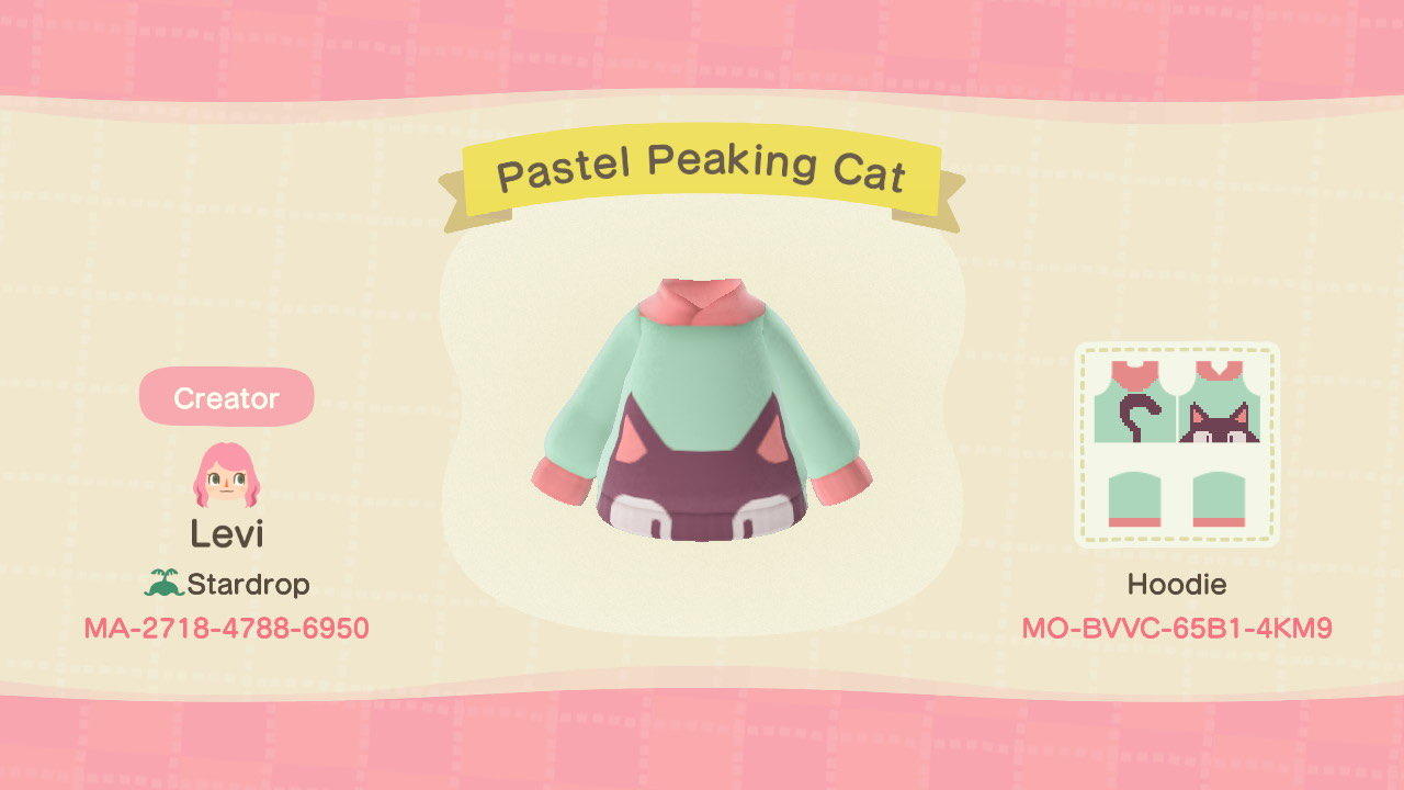 Animal Crossing Design Code: MO-BVVC-65B1-4KM9 Pastel Peaking Cat