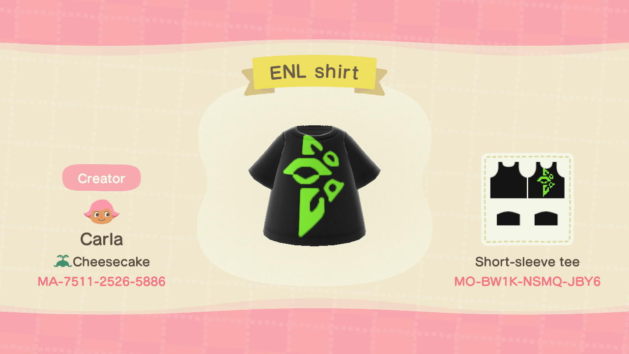 Animal Crossing Design Code: MO-BW1K-NSMQ-JBY6 ENL shirt