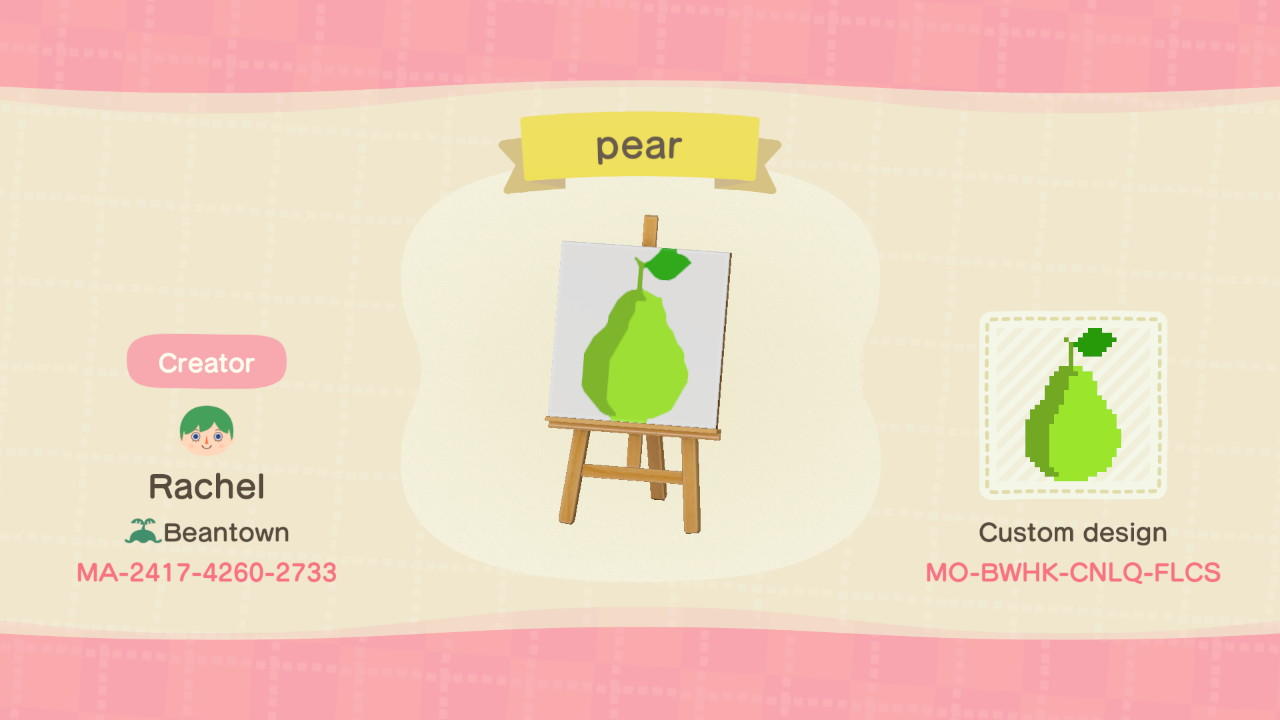 Animal Crossing Design Code: MO-BWHK-CNLQ-FLCS pear
