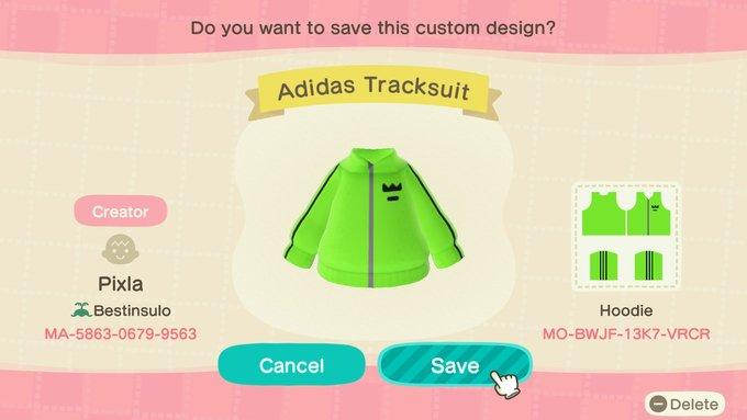Animal Crossing Design Code: MO-BWJF-13K7-VRCR Adidas Tracksuit