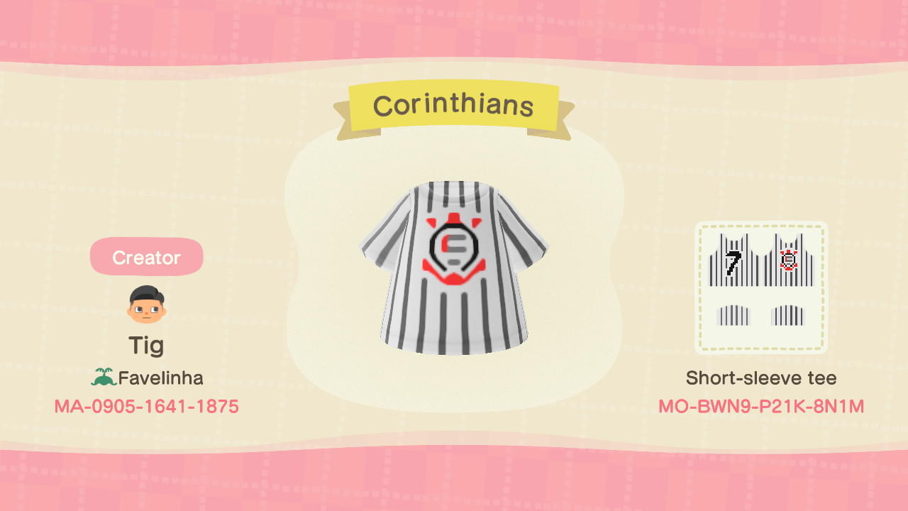 Animal Crossing Design Code: MO-BWN9-P21K-8N1M Corinthians Uniform