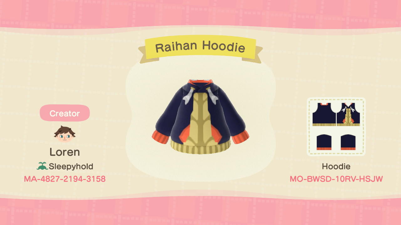 Animal Crossing Design Code: MO-BWSD-10RV-HSJW Raihan Hoodie