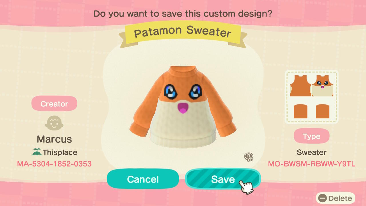 Animal Crossing Design Code: MO-BWSM-RBWW-Y9TL Patamon Sweater