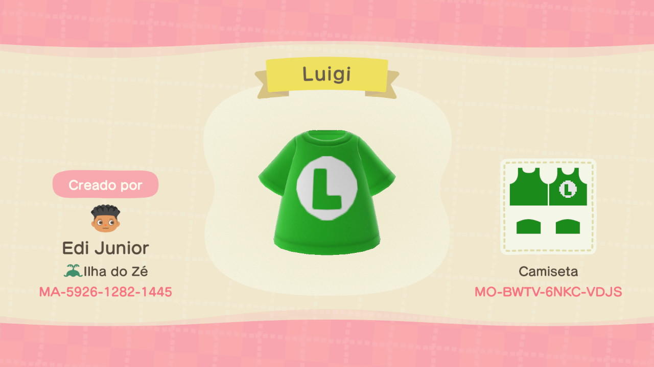 Animal Crossing Design Code: MO-BWTV-6NKC-VDSJ Luigi