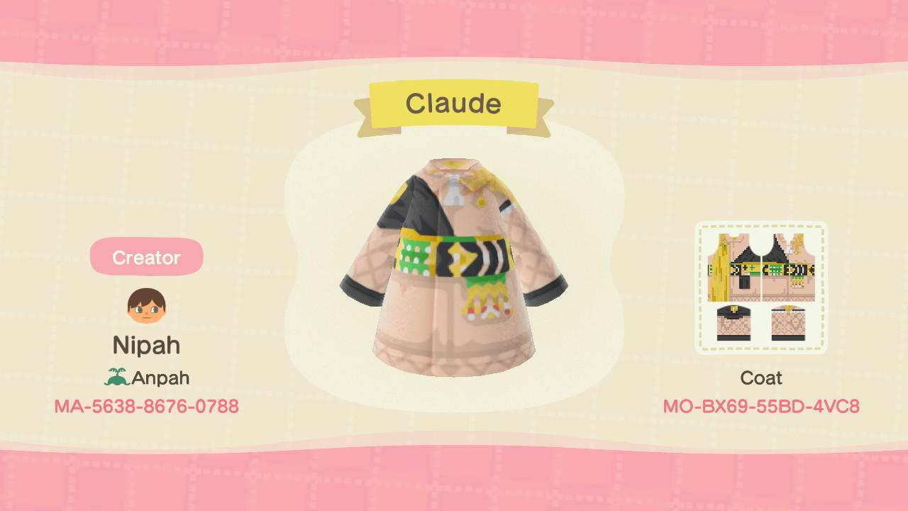 Animal Crossing Design Code: MO-BX69-55BD-4VC8 FE3H Claude