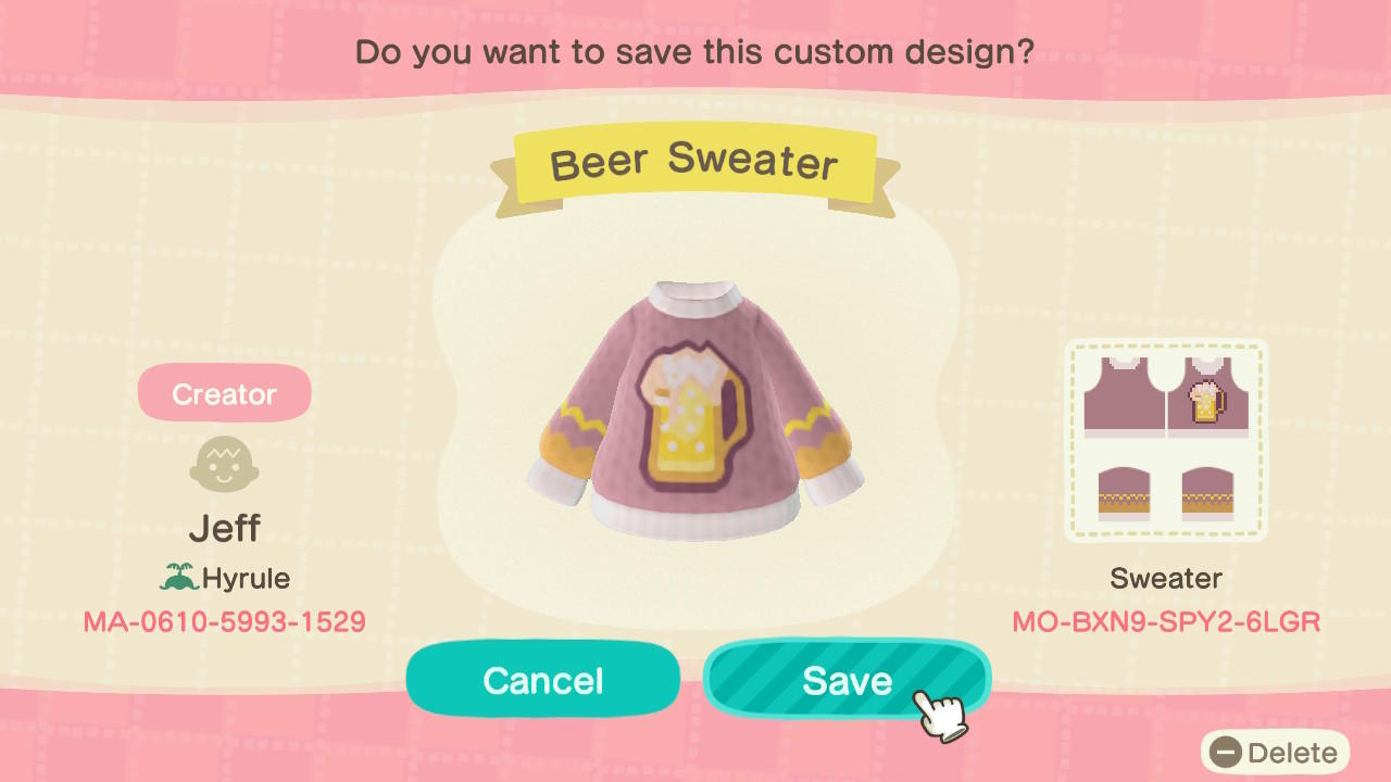 Animal Crossing Design Code: MO-BXN9-SPY2-6LGR Beer Sweater