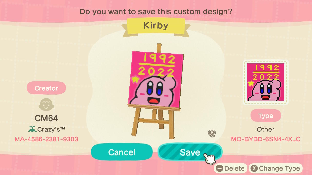 Animal Crossing Design Code: MO-BYBD-6SN4-4XLC Kirby 1992-2022