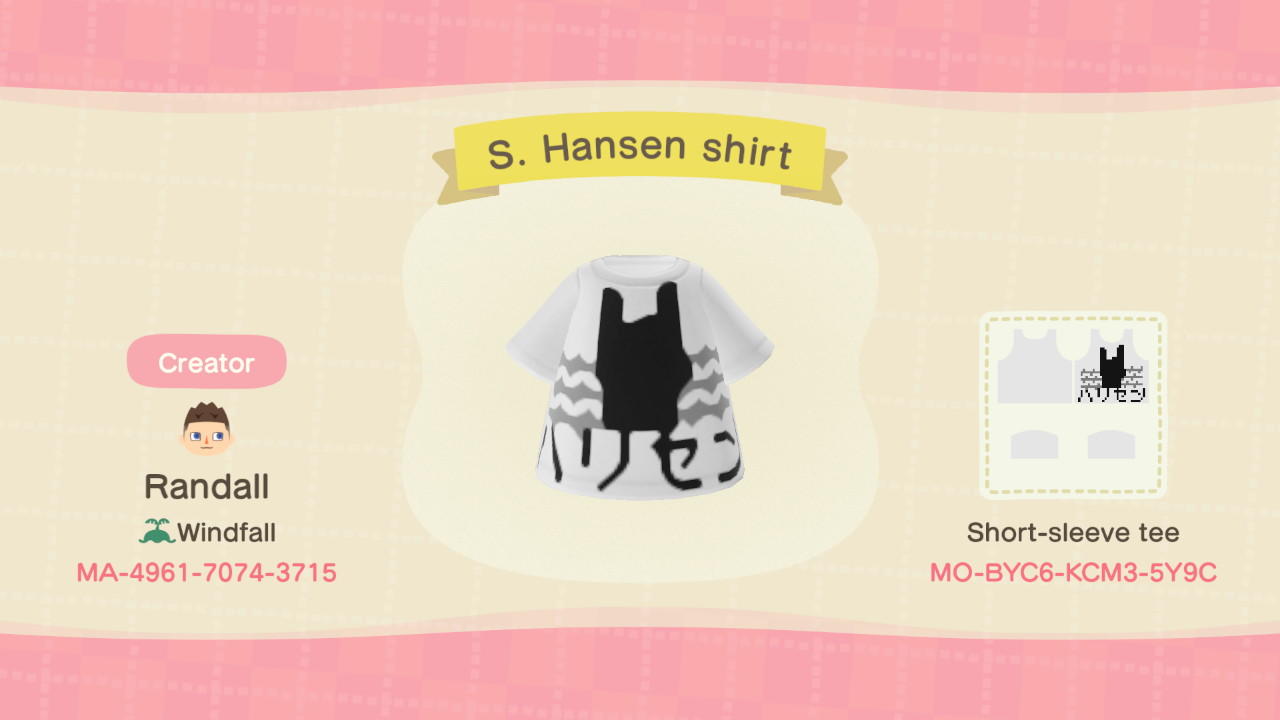 Animal Crossing Design Code: MO-BYC6-KCM3-5Y9C S. Hansen Shirt