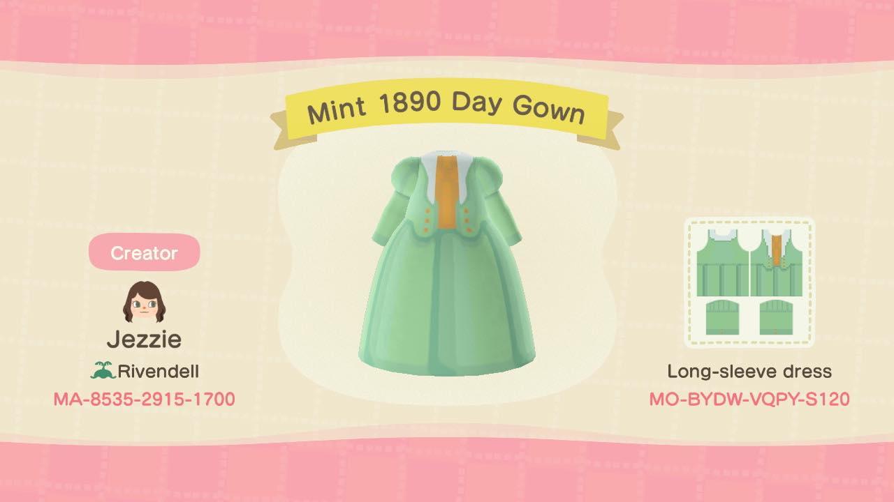 Animal Crossing Design Code: MO-BYDW-VQPY-S120 Mint 1890s Day Gown