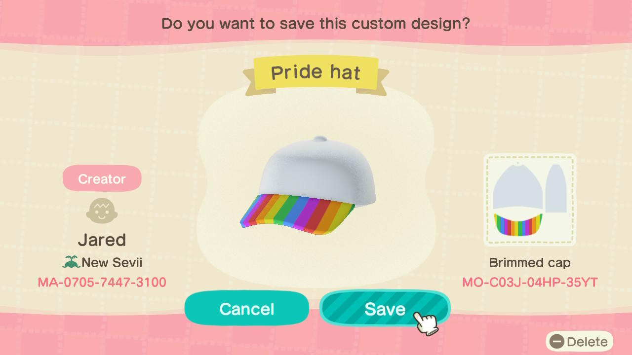 Animal Crossing Design Code: MO-C03J-04HP-35YT Pride hat