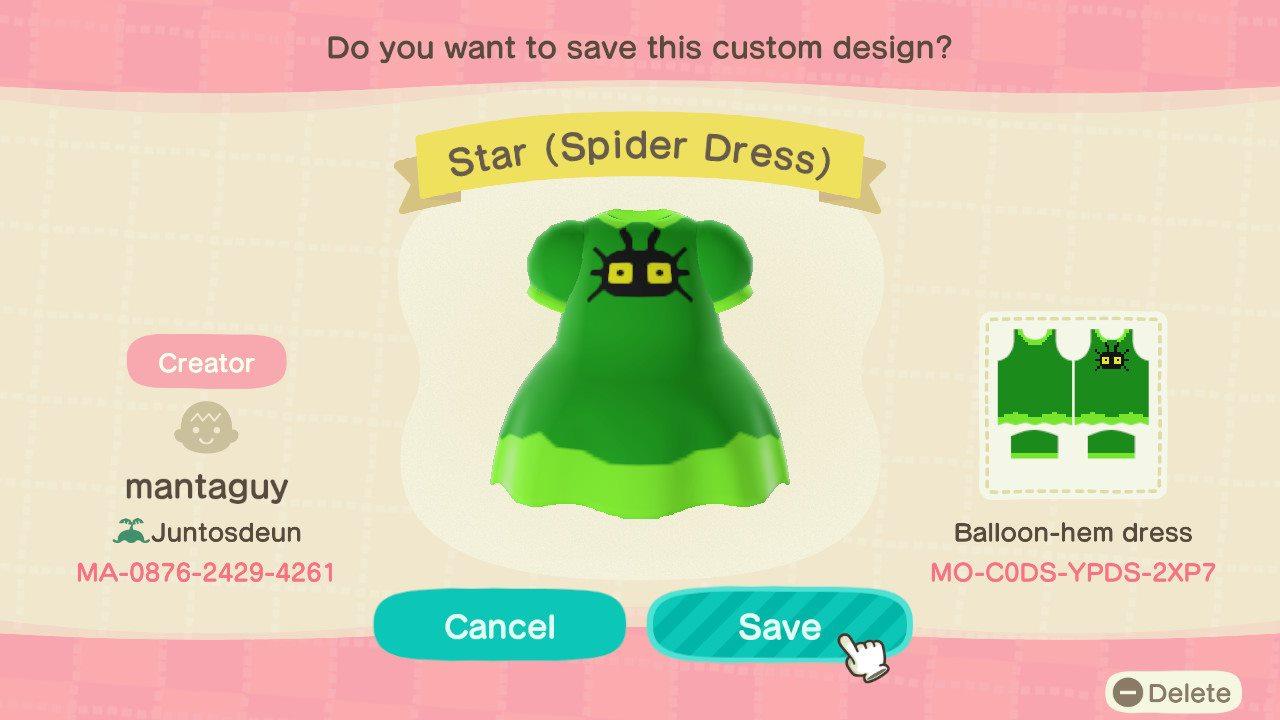 Animal Crossing Design Code: MO-C0DS-YPDS-2XP7 Star (Spider Dress)