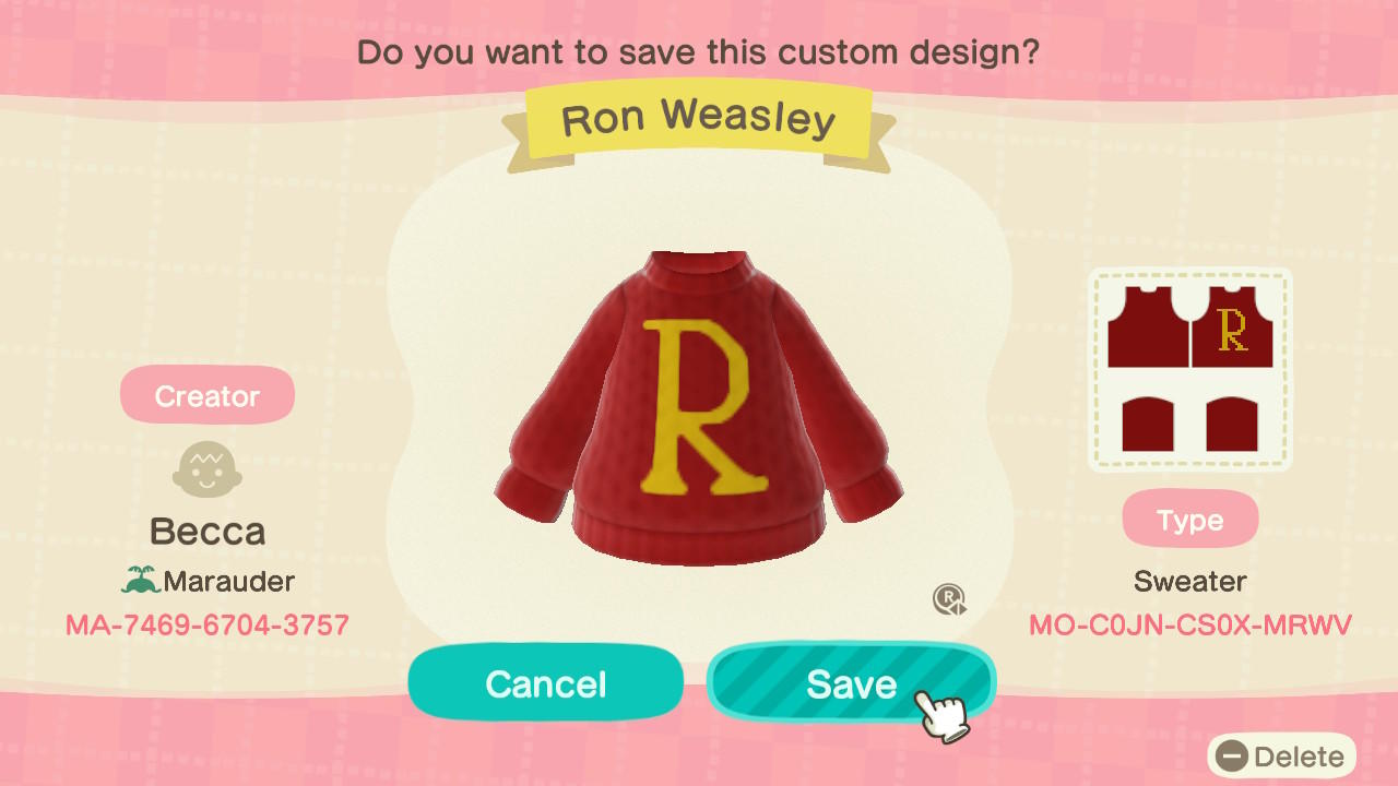 Animal Crossing Design Code: MO-C0JN-CS0X-MRWV Ron Weasley