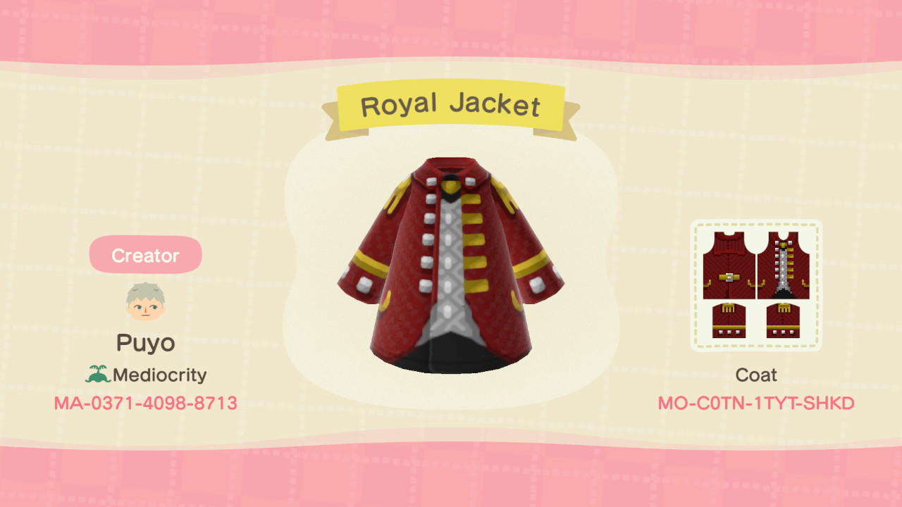 Animal Crossing Design Code: MO-C0TN-1TYT-SHKD Royal Jacket