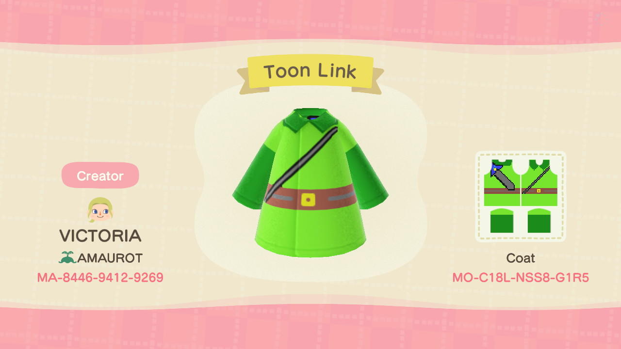 Animal Crossing Design Code: MO-C18L-NSS8-G1R5 Toon Link